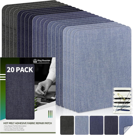 KING MOUNTAIN Iron-on Repair Patch 20 Pcs Pack,Denim Patches for Jeans Kit 3" by 4-1/4",100% Cotton Denim Iron-on Repair Patch,Jeans and Clothing Repair and Decoration Kit (Five Color 1.0)