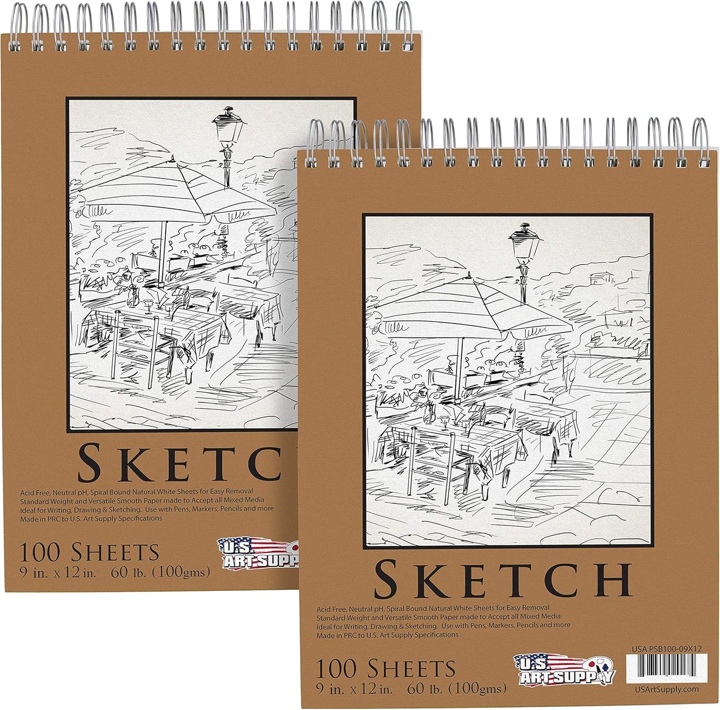 U.S. Art Supply 9"x12" Top Spiral Bound Sketch Book, 2 Pack, 100 Sheets Each, 60lb (100gsm), Acid-Free, Artist Sketchbook, Drawing Pad for Adults & Students