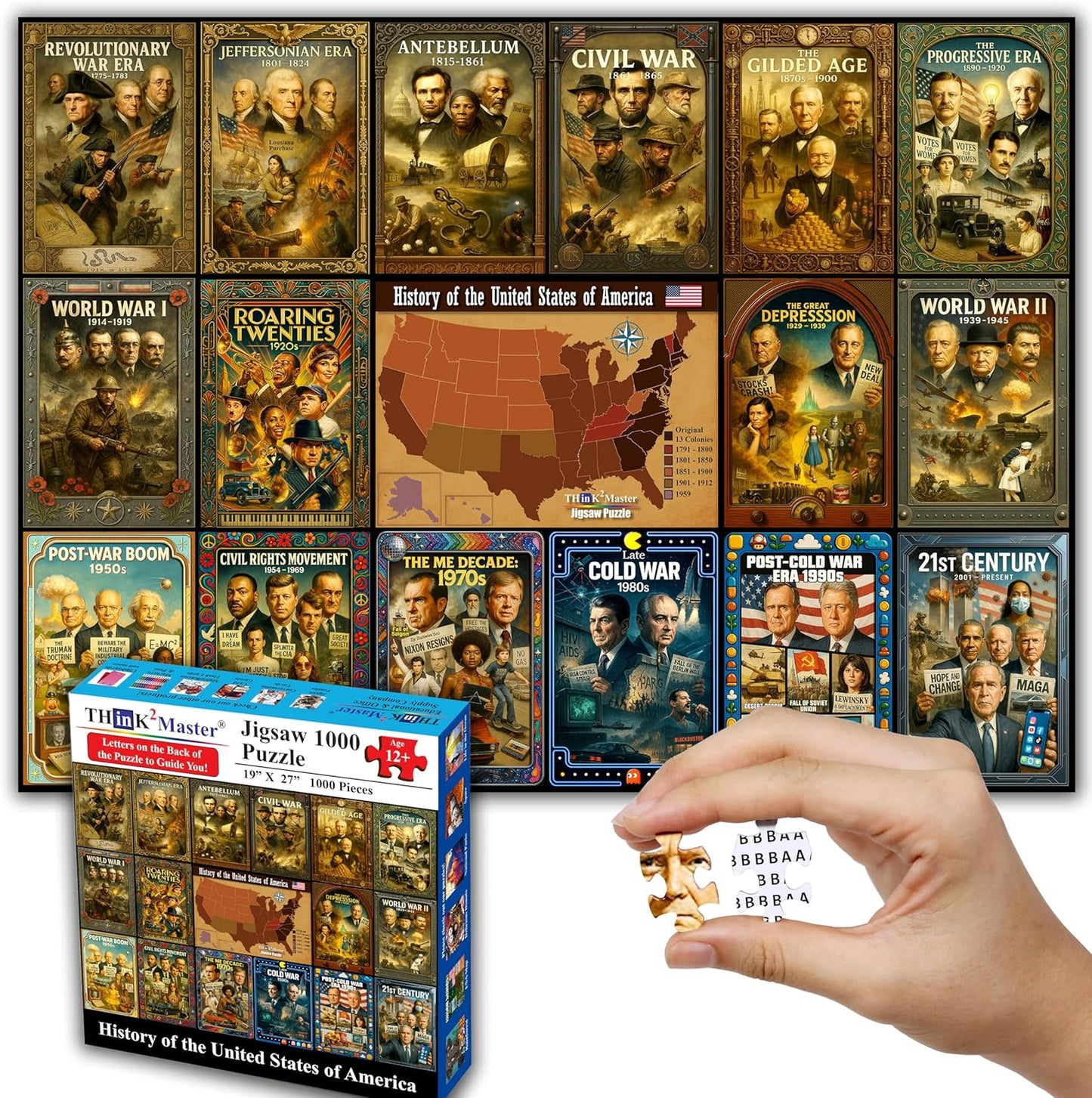 Think2Master History of The United States 1000 Pieces Large Format Jigsaw Puzzle: Kids 12+, Teens, Adults & Families. Great Gift. Presidents, Key Events & ERAS from 1776 to Today. Size: 26.8” X 18.9”