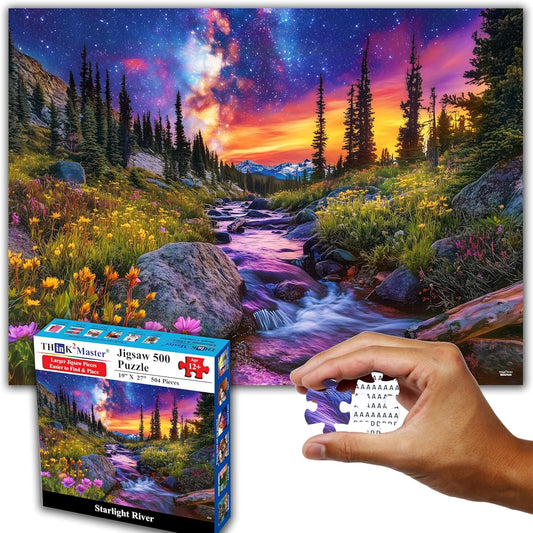 Think2Master Starry Mountain River 500 Pieces Large Format Jigsaw Puzzle: Kids 12+, Teens, Adults & Families.Vibrant Starry Night & Milkyway Landscape with Flowers. Great Gift. Size: 26.8” X 18.9”