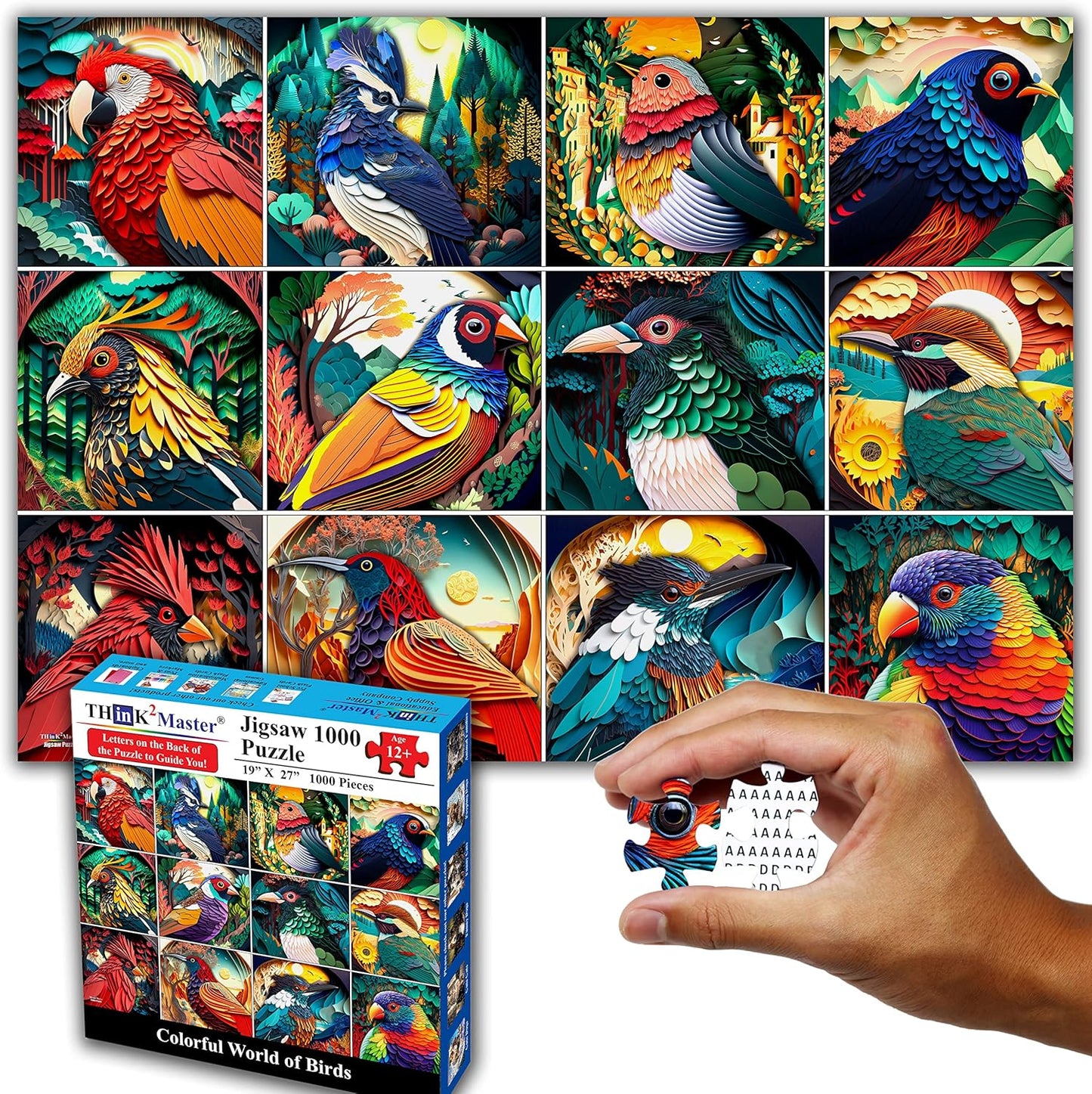 Think2Master Colorful Birds 1000 Pieces Jigsaw Puzzle. Paper Cut Craft Style. Fun for Teens, Seniors & Families. Great Gift for Kids Ages 13+. Size: 26.8” x 18.9”