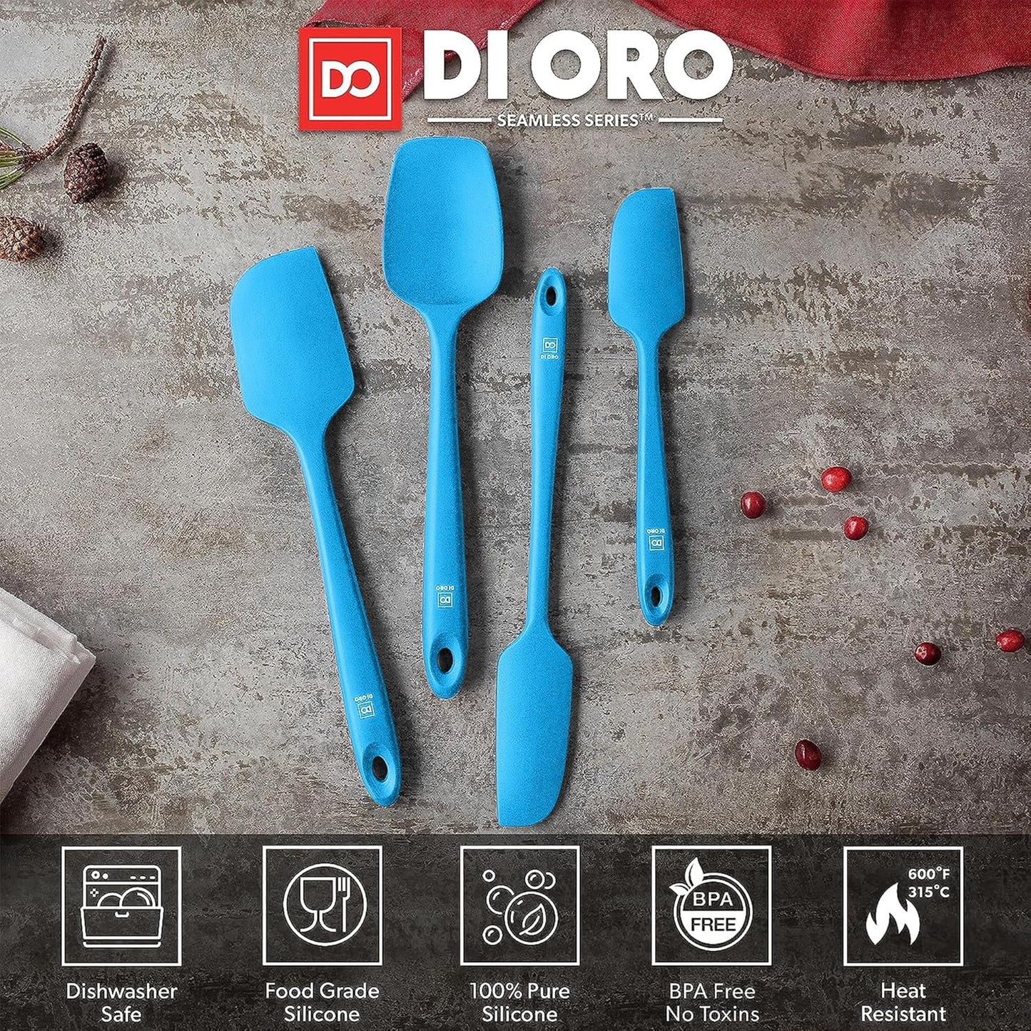 DI ORO Silicone Spatula Set - Rubber Kitchen Spatulas for Baking, Cooking, & Mixing - 600°F Heat-Resistant & BPA Free Silicone Scraper Spatulas for Nonstick Cookware - Dishwasher Safe (4pc, Blue)